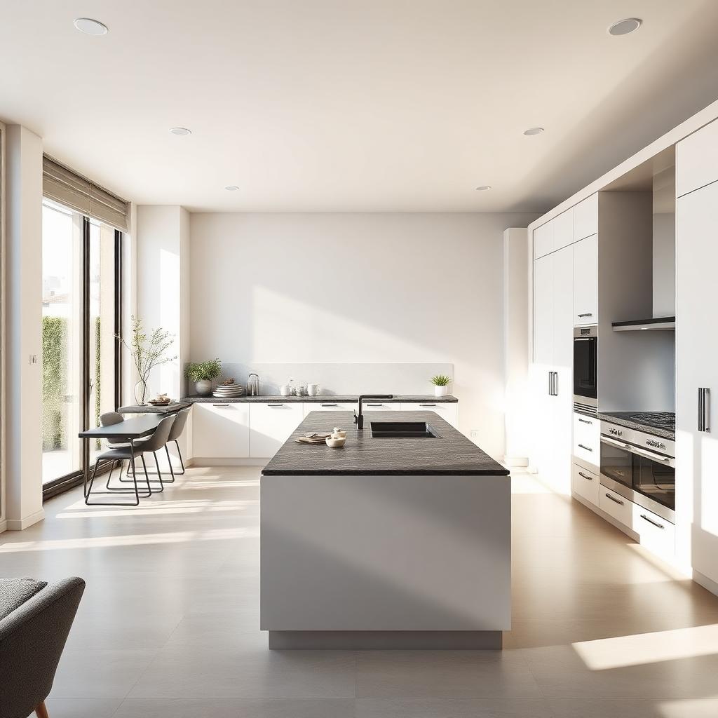 Cocina moderna reformada con isla y encimera oscura
