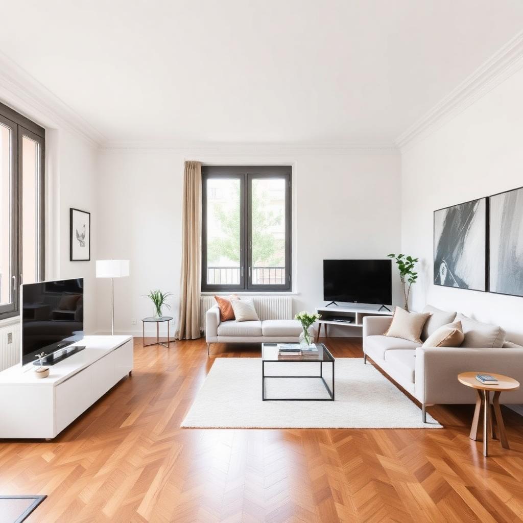Salón de un piso reformado en Madrid con suelo de madera y luz natural