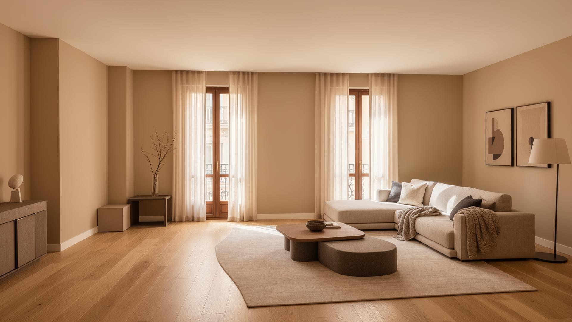 Salón reformado en Madrid con suelo de roble y luz natural